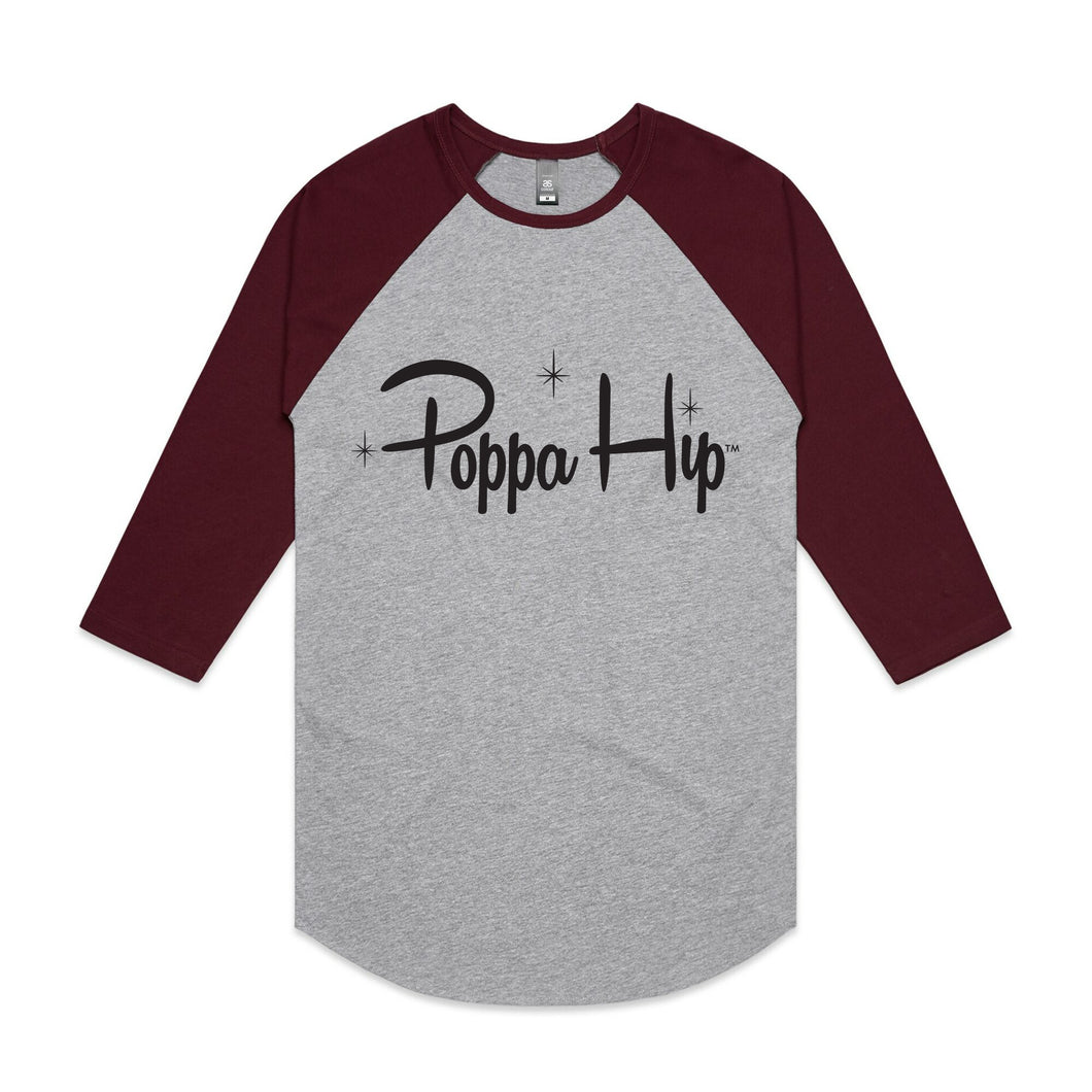 Poppa Hip Men's Baseball T-Shirt (Grey Marle /Burgundy)