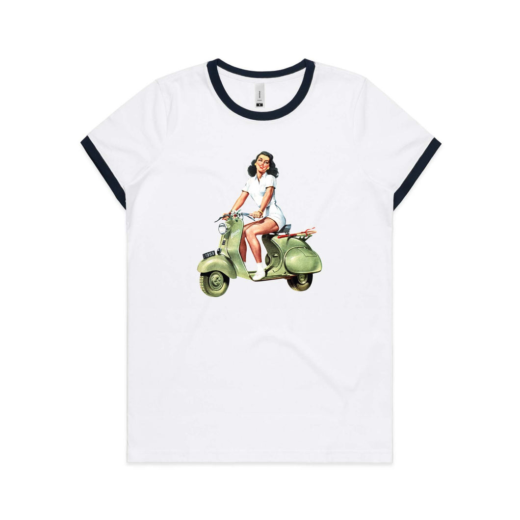 'Vespa' Women's Ringer T-Shirt - White / Navy